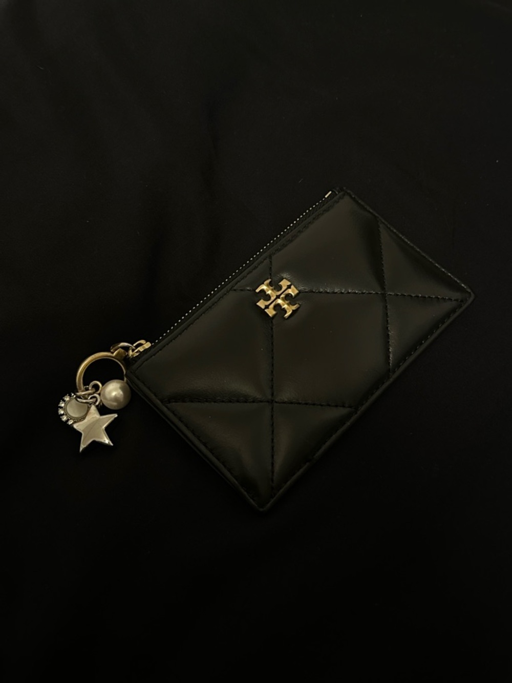 Tory Burch Womens Kira Diamond Quilt Charm Zip Card Case Leather Black